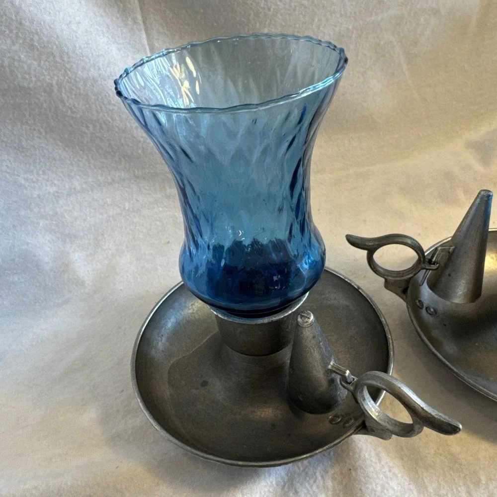 Vintage Pair Pewter Chamberstick Candle Holders Finger Loops Sniffers Blue Glass